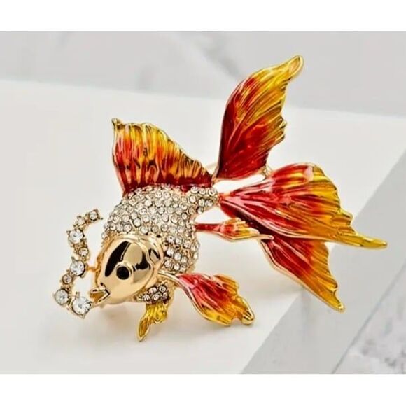 Gold Fish Koi Brooch Pin Rhinestones Orange 2" x 1.9" - Picture 1 of 4